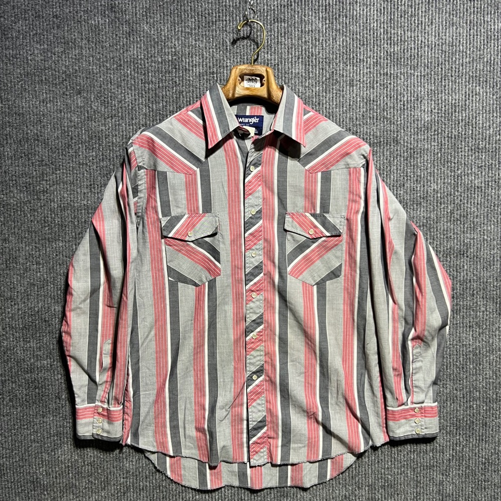 Vintage Wrangler Cowboy Cut Shirt Mens 16x34 Red Grey Striped Pearl Snap Western